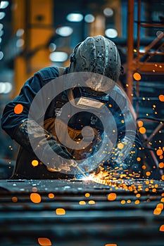 Welder in action, creating bright sparks while working on metal.