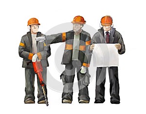 Welder, electrician and project manager. Builders working on construction works illustration