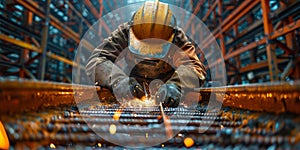 Welder erecting technical steel. Industrial steel welder in factory technical