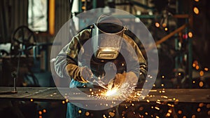 Welder man does metal welding in production with an industrial welding machine, sparks