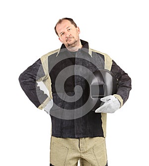 Welder man holding welding mask