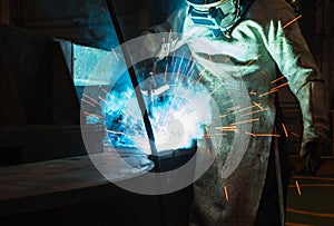 Welder of Metal Welding with sparks and smoke