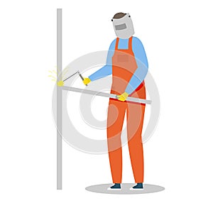 Welder in orange uniform and safety gear welding metal pipe. Industrial worker performing welding work vector