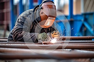 A welder in a protective helmet and equipment performs welding and grinding at his workplace. Generative AI technology