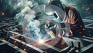 A welder in a protective mask and gloves welds metal parts. Sparks and smoke from a welding machine create a dramatic