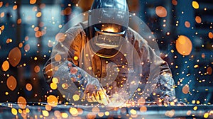 A welder in a protective suit and mask works. A welder welds metal.