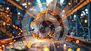 A welder in a protective suit and mask works. A welder welds metal. photo