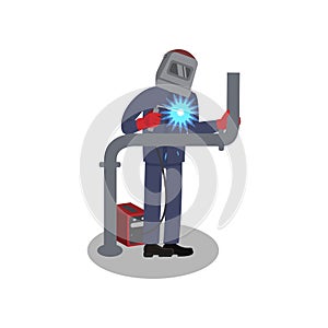 Welder repairing pipeline system. Professional at work. Worker in protective outfit. Isolated flat vector illustration