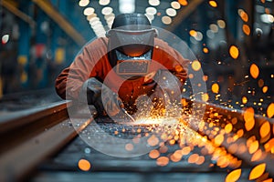 Welder in safety suit welding steel in a large factory