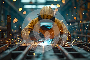 Welder in safety suit welding steel in a large factory