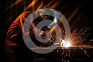 A welder skillfully working on a piece of metal, creating a precise and strong weld, Welder in welding helmet working on metal