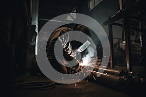 A welder uses gas to weld structural steel in factory