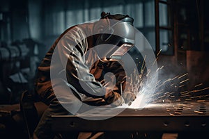 A welder uses gas to weld structural steel in factory