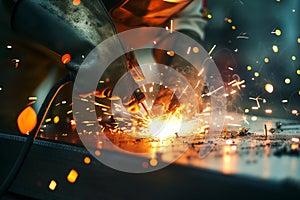 welder using gas welding gear, Welder and bright sparks. Production and construction