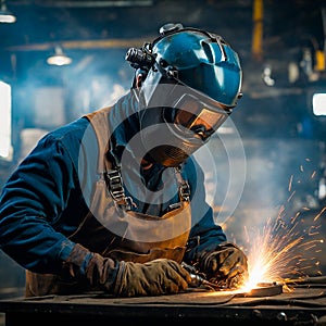 A welder wearing a welder\'s mask while working. Generative AI