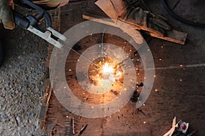 Welder Welding Sparks steel in factory