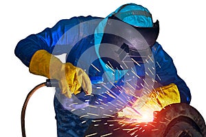 Welder is welding on white background.