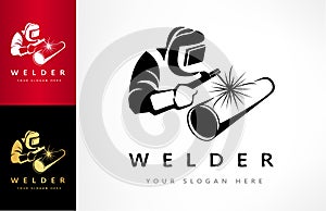 Welder welds a pipe in welding mask logo vector.