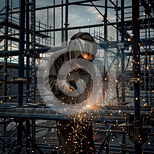 Welder at work in industrial factory, sparks flying from welding metal. Skilled worker in mask using