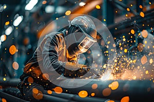 Welder at work in industrial factory, welding steel amid sparks. Construction and metal manufacture