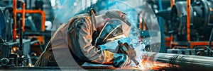 Welder at Work, Welding of Metal Parts at Industrial Plant, Industrial Worker Using Angle Grinder