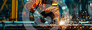 Welder at Work, Welding of Metal Parts at Industrial Plant, Industrial Worker Using Angle Grinder