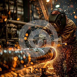 Welder at Work, Welding of Metal Parts at Industrial Plant, Industrial Worker Using Angle Grinder