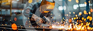 Welder at Work, Welding of Metal Parts at Industrial Plant, Industrial Worker Using Angle Grinder