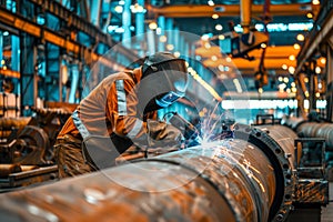 Welder at Work, Welding of Metal Parts at Industrial Plant, Industrial Worker Using Angle Grinder