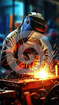 Welder working in a factory with sparks