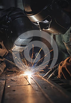 Welder working with protective mask to weld steel in factory, closeup