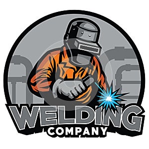 Welder working with weld helmet in badge design style