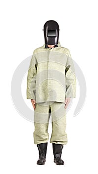 Welder in workwear suit with mask. Front.