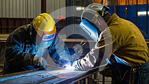 welders showcase their skill and commitment to safety, using protection as they create sparks welding steel for manufacturing