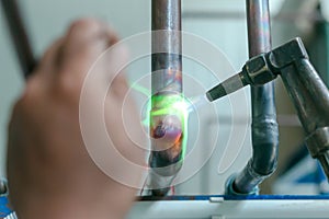 Welding of copper pipe of a methane gas pipeline or of a conditioning or water system.