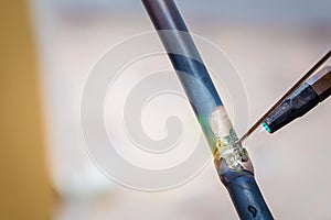 Welding of copper pipe of a methane gas pipeline or of a conditioning or water system. Welding soldering copper pipes.