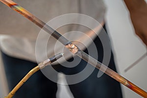 Welding of copper pipe of a methane gas pipeline or of a conditioning or water system. Welding soldering copper pipes.