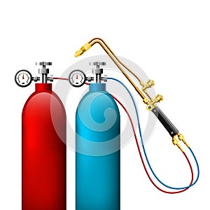 Welding gas bottles and oxy acetylene cutting torch - gas tank and burner photo
