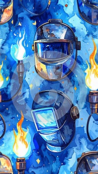 Welding Helmets and Torches Seamless Pattern