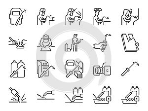 Welding icon set. It included wire, gas welding, welder, metalworking, manufacture, and more icons. Editable Vector Stroke.