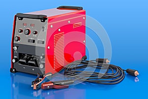 Welding machine with stick electrode holder, work cable and clamp on blue background, 3D rendering