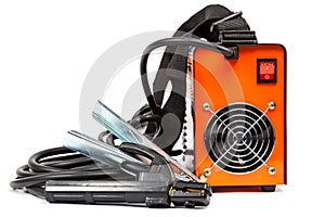 Welding machine with wires on white background.
