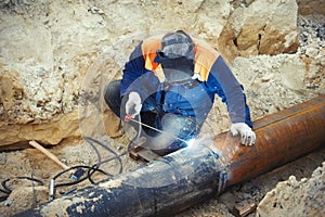 Welding of the pipeline. Process of creation of welding connection by the special mobile tool.