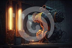 welding robot in dark factory with pipes and machines end view industrial modern 4.0