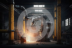 welding robot in dark factory with pipes and machines end view industrial modern 4.0