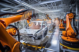 Welding robots on the car assembly line. Smart factory