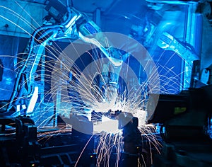 Welding robots movement in a car factory