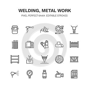 Welding services flat line icons. Rolled metal products, steelwork, stainless steel laser cutting, fabrication, safety