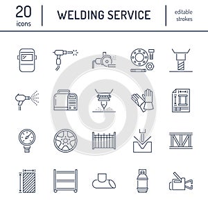 Welding services flat line icons. Rolled metal products, steelwork, stainless steel laser cutting, fabrication, turning