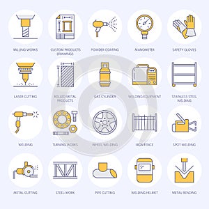 Welding services flat line icons. Rolled metal products, steelwork, stainless steel laser cutting, fabrication, turning